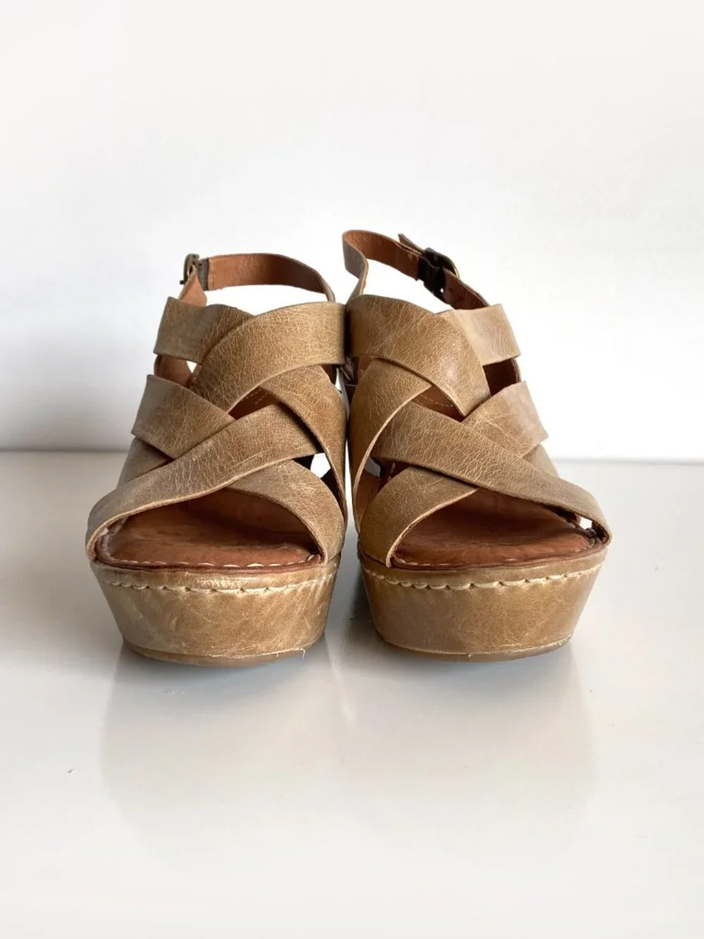 Born Womens US 6 Brown Leather CrisCross Sling Back Platform Wedge Sandals Shoes